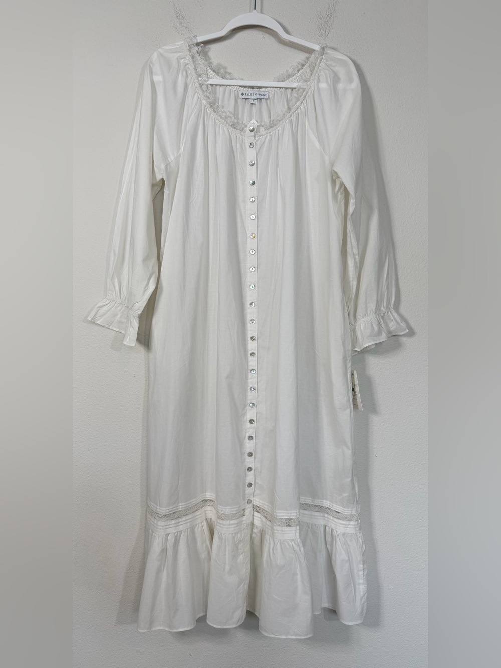 Eileen West White Cotton Nightgown Long Sleeve Ballet Lace NWT Size Large